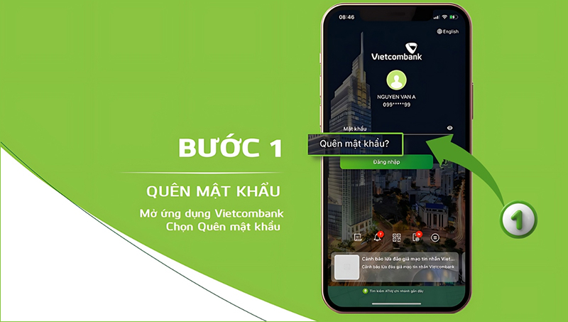 Mở ứng dụng Vietcombank VCB Digibank và bấm vào mục “Quên mật khẩu”