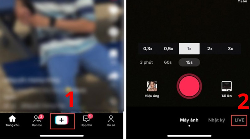 Nhấn biểu tượng “+” và chọn Live để bắt đầu phát trực tiếp