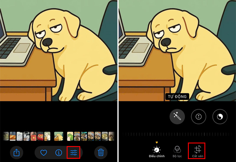 Trong thư viện chọn ảnh sau đó nhấn chỉnh sửa và chọn Cắt xén