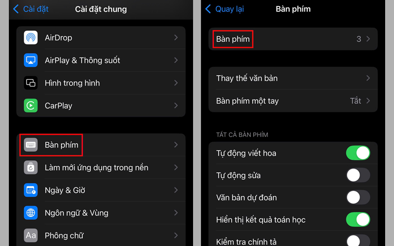 Chọn mục Bàn phím