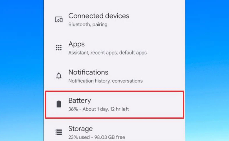 Nhấn chọn mục Pin 