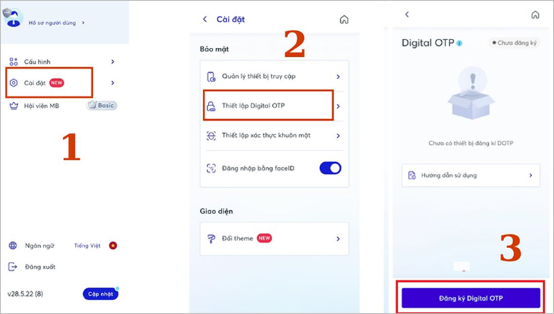 Nhấn nút "Đăng ký Digital OTP" để khởi động quá trình