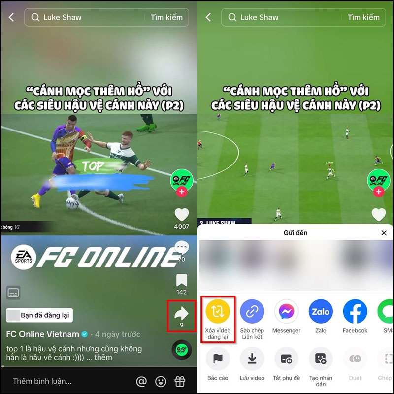 Chọn vào biểu tượng dấu mũi tên để Xóa video đăng lại
