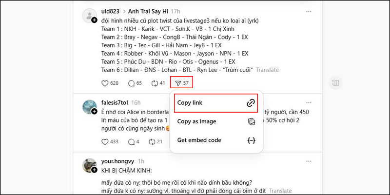 Lấy link bài viết trên Threads bằng máy tính