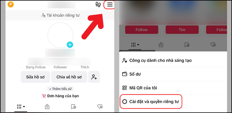 Chọn Menu, sau đó nhấn vào mục Cài đặt và quyền riêng tư 