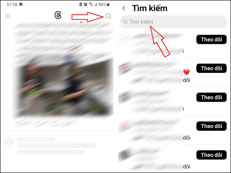 Trong giao diện Threads nhấn vào biểu tượng tìm kiếm