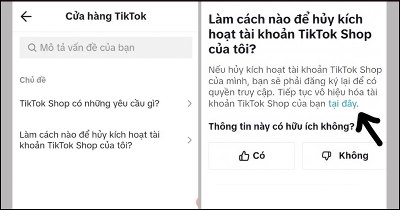 Chọn chữ Tại đây để bắt đầu quy trình xóa TikTok Shop 