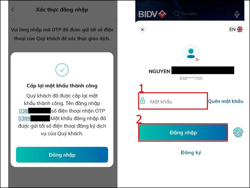 Đăng nhập với mật khẩu vừa nhận