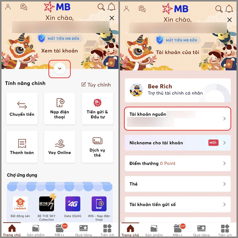 Chọn dấu mũi tên, nhấn chọn tiếp vào mục Tài khoản nguồn 