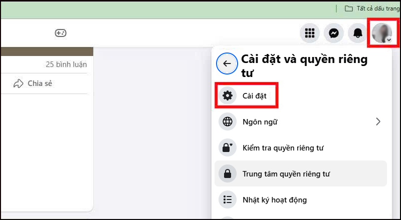 Chọn Cài đặt và quyền riêng tư, sau đó chọn Cài đặt 