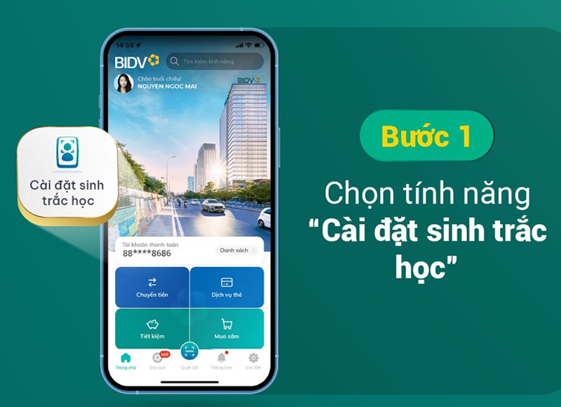 Chọn Cài đặt sinh trắc học sau khi đăng nhập SmartBanking 
