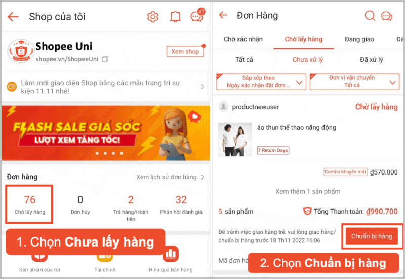 Nhấn vào mục Chuẩn bị hàng