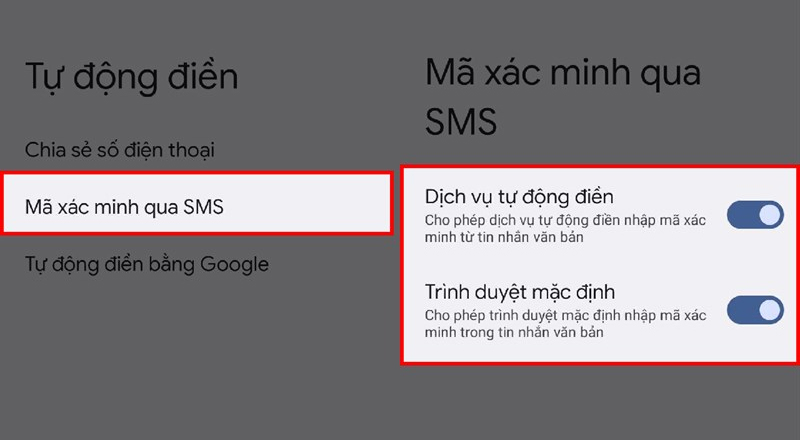 Kích hoạt mục Dịch vụ tự động điền và Trình duyệt mặc định 