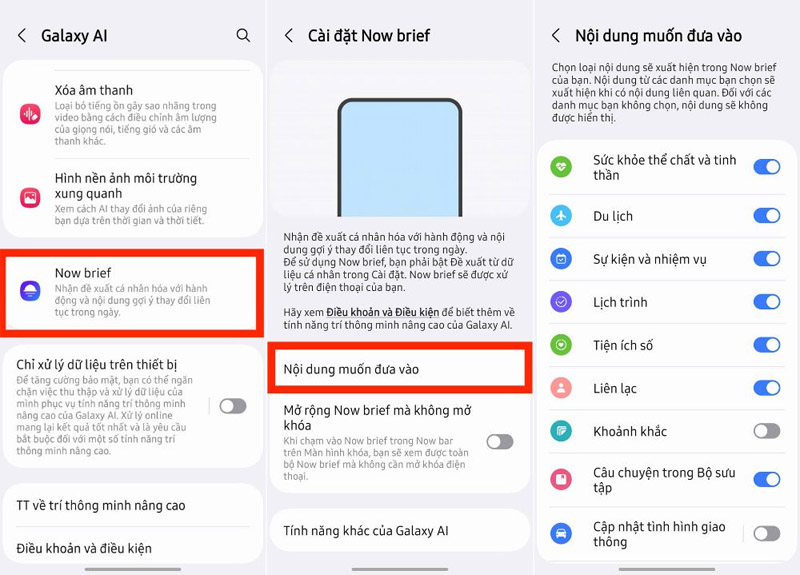 Nhấn vào mục Now Brief, sau đó chọn Nội dung muốn đưa vào 