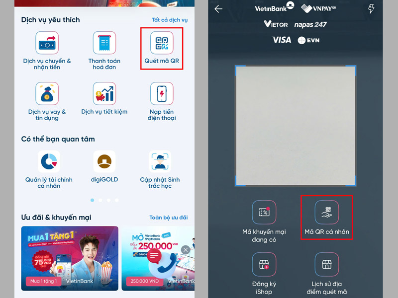 Chọn Quét mã QR, sau đó nhấn vào mục Mã QR cá nhân 