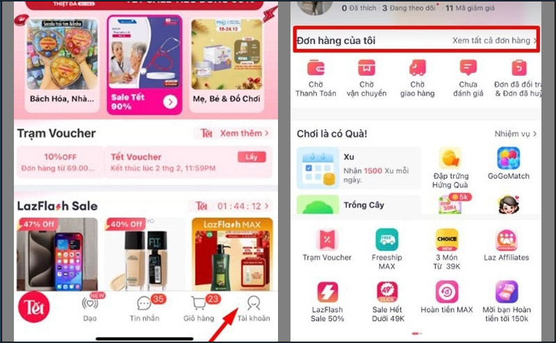 Chọn Tài khoản, sau đó nhấn vào mục Xem tất cả đơn hàng 