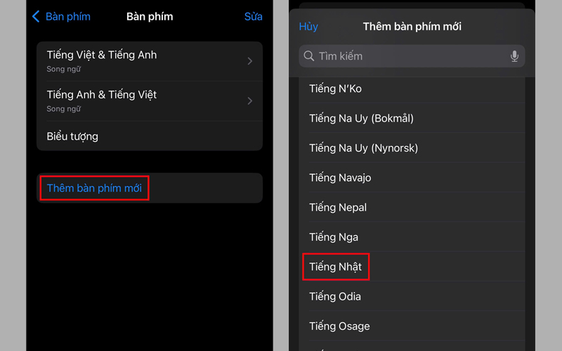 Chọn Thêm bàn phím mới, sau đó nhấn vào mục Tiếng Nhật 