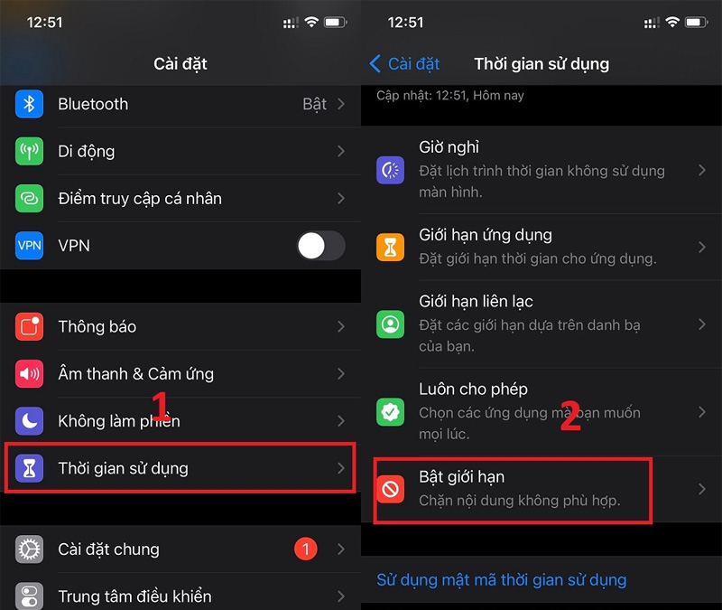 Chọn Bật giới hạn tại giao diện Thời gian sử dụng