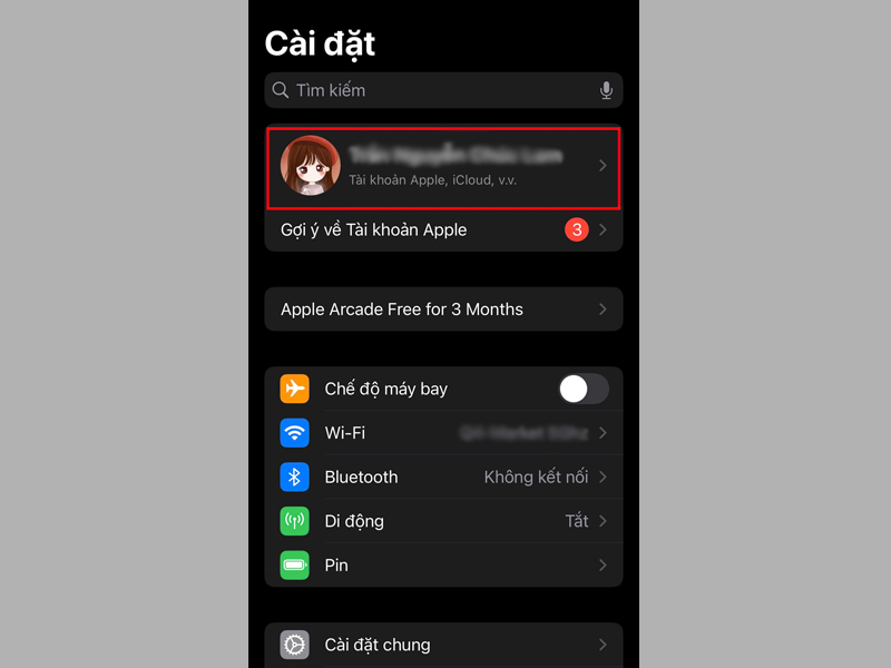 Mở ứng dụng Cài đặt, chọn tên tài khoản Apple ID