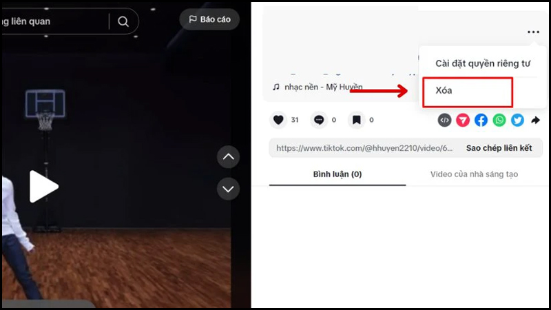 Chọn Xóa và xác nhận để xóa video đăng lại
