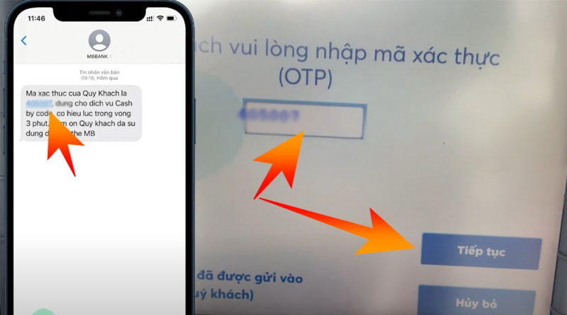 Nhập mã OTP và nhấn Tiếp tục để rút tiền