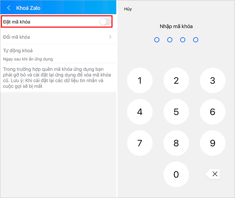 Chuyển trạng thái thanh “Đặt mã khóa” từ “Tắt” sang “Bật”, sau đó nhập mã pin