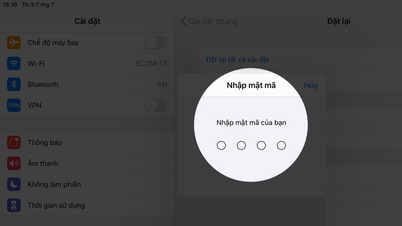 Nhập mật khẩu iPad để khôi phục cài đặt gốc