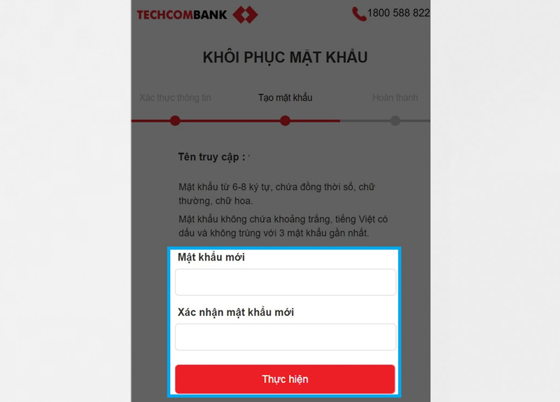Nhập 2 lần mật khẩu mới, sau đó nhấn Thực hiện