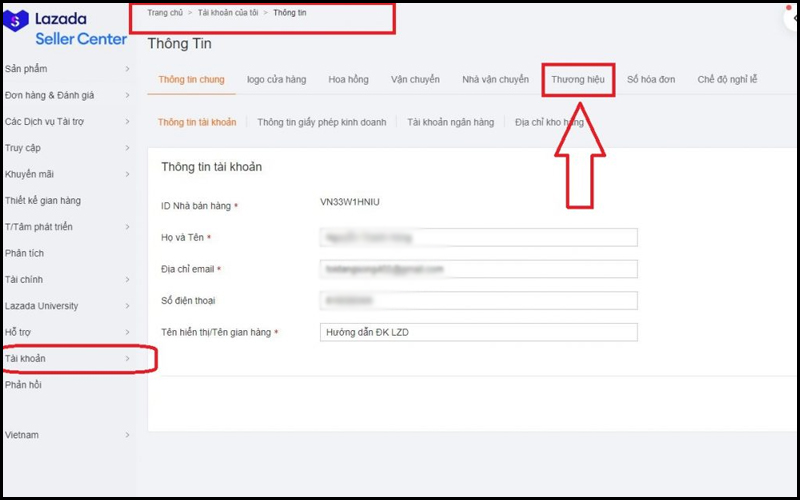 Vào Seller Center và chọn tab Thương hiệu để đăng ký Lazada Mall