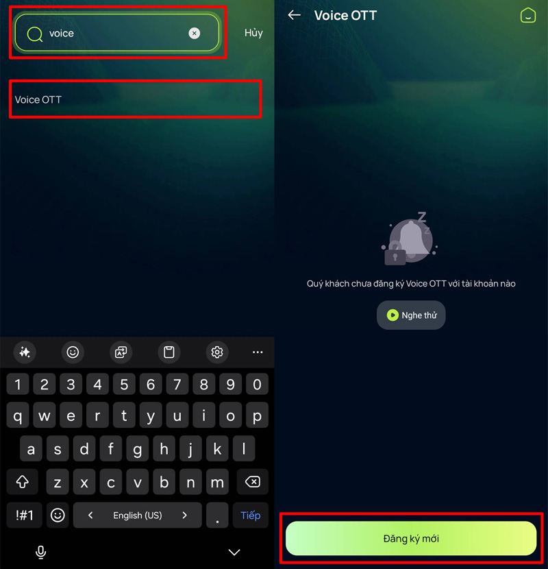 Trong giao diện ứng dụng Vietcombank tìm Voice và chọn Đăng ký mới