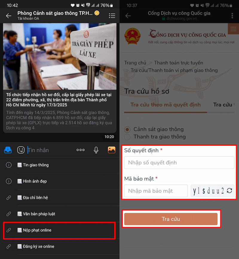 Nộp phạt vi phạm giao thông trực tuyến trên Zalo