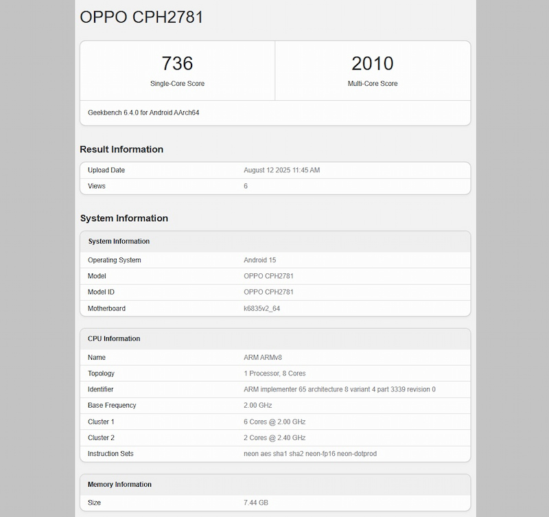 OPPO A6 Pro 5G lộ diện trên Geekbench