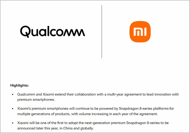 Qualcomm xác nhận ký kết thỏa thuận hợp tác nhiều năm với Xiaomi