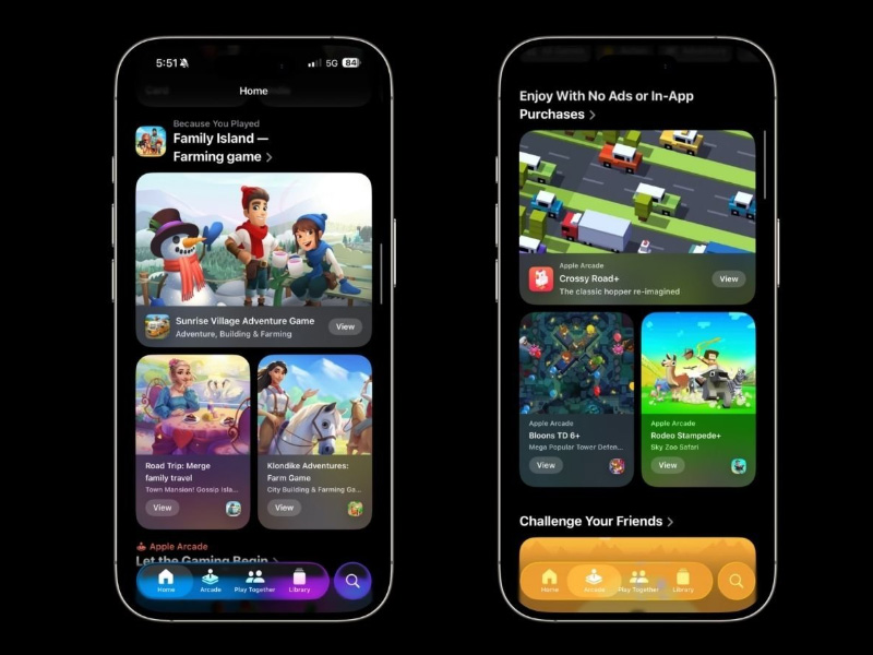 Tab Home và Arcade của ứng dụng Games