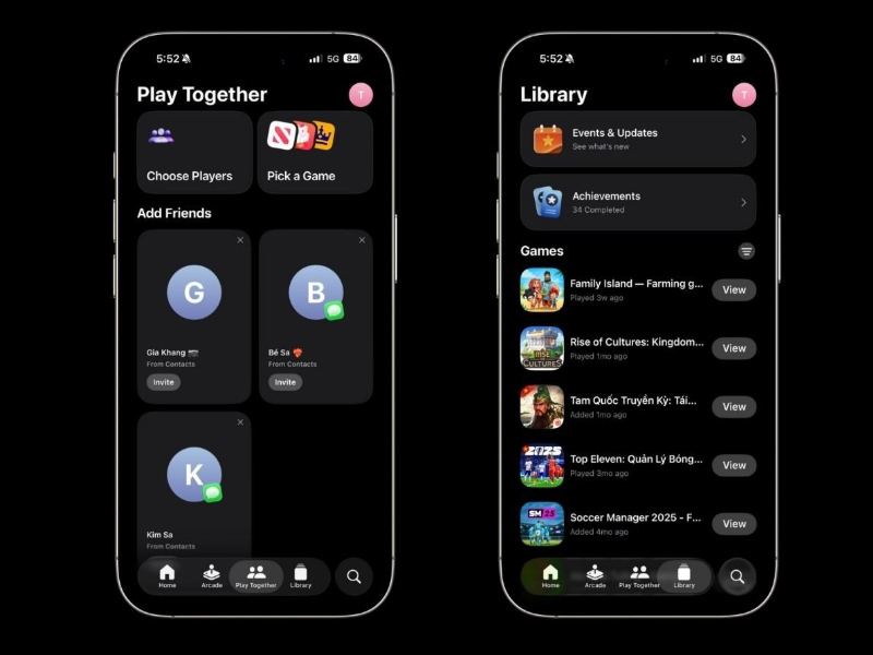 Tab Play Together và Library của ứng dụng Games 