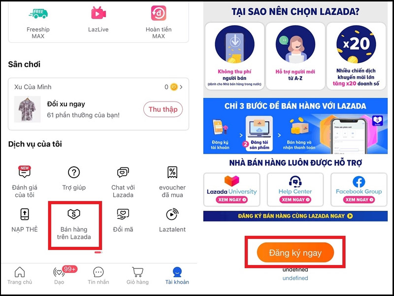 Chọn Bán hàng trên Lazada và tiến hành đăng ký