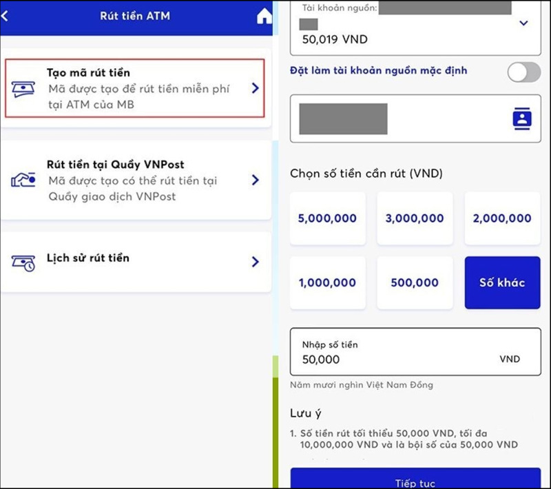 Tạo mã rút tiền và chọn tài khoản nguồn