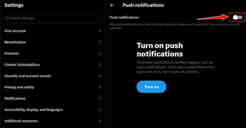 Tắt thông báo Twitter (X)