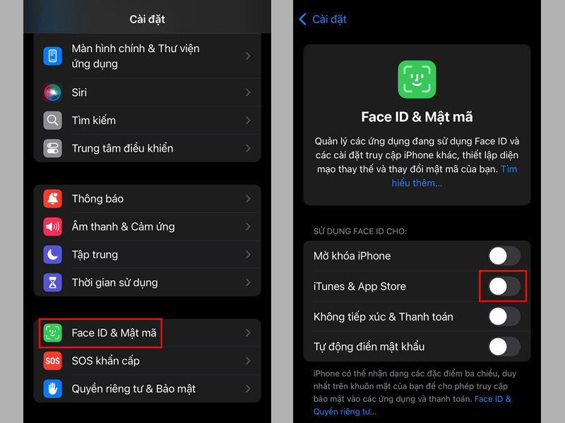 Chọn Face ID & Mật mã, gạt thanh trượt để tắt iTunes & App Store