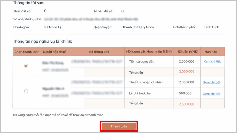 Thanh toán thuế đất online