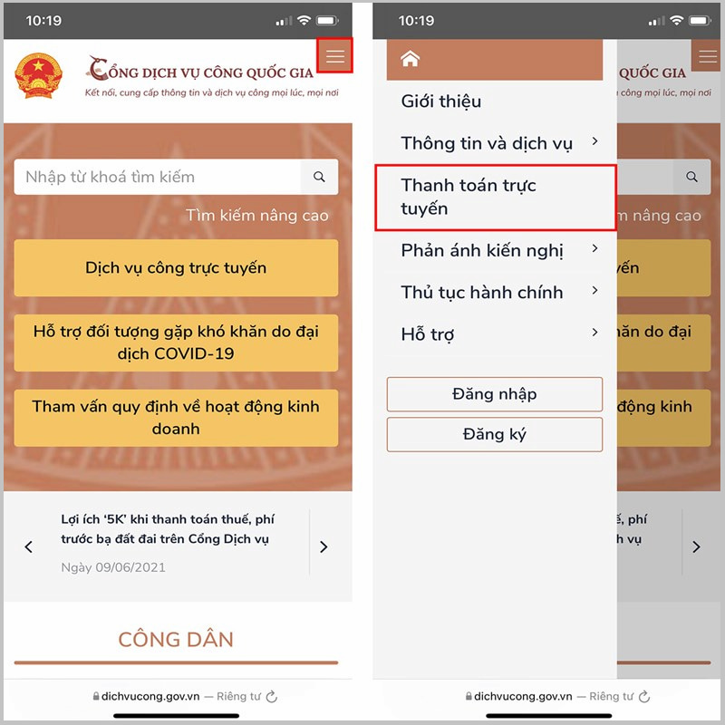 Chọn mục Thanh toán trực tuyến