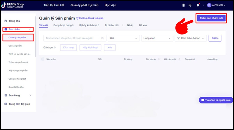 Trong TikTok Shop Seller Center chọn Quản lý sản phẩm và thêm sản phẩm