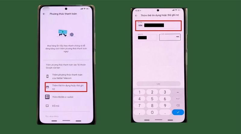 Thêm thẻ tín dụng/thẻ ghi nợ trong Thanh toán và gói thuê bao