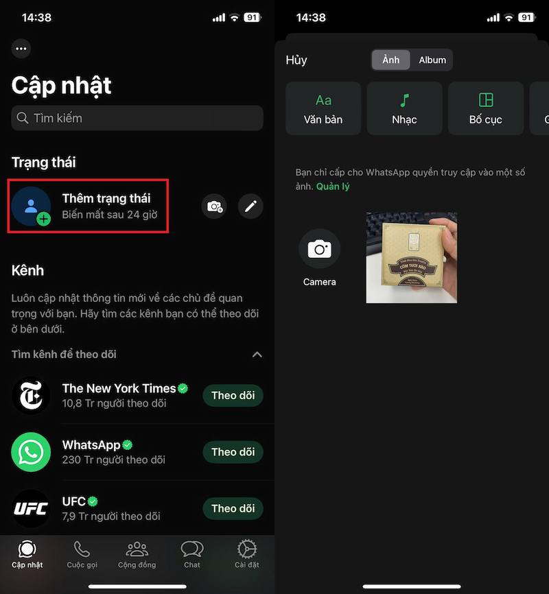 Thêm trạng thái WhatsApp