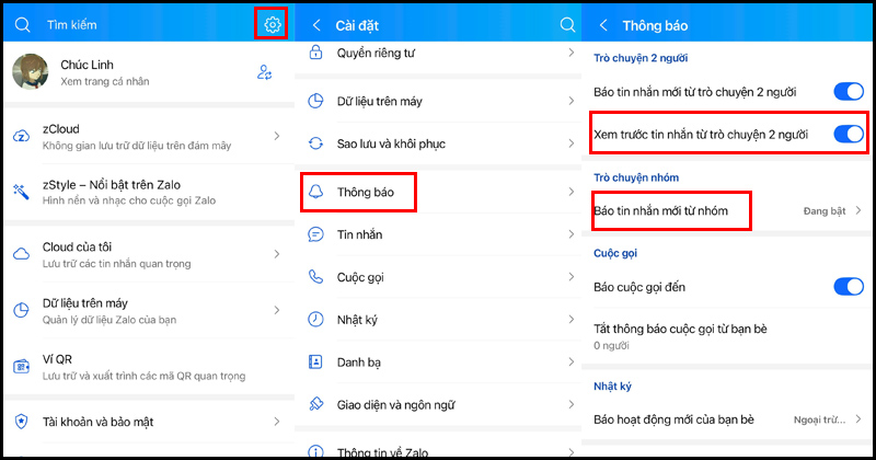 Bật tùy chọn Xem trước tin nhắn từ trò chuyện 2 người