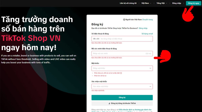 Vào trang chủ TikTok Shop và nhấn Đăng ký ngay