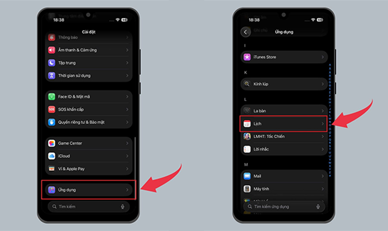 Tìm mục “Ứng dụng”, sau đó chọn vào app "Lịch" (Calendar)
