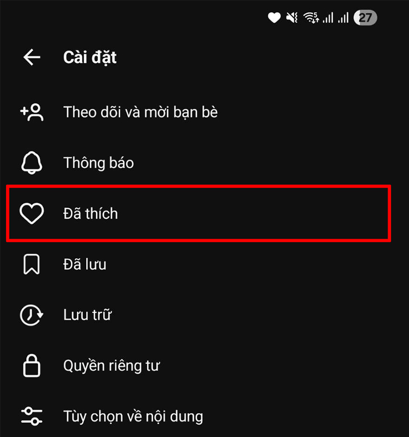 Trong danh sách, bạn tìm và nhấn vào mục "Đã thích"