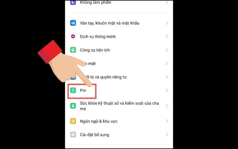 Chọn mục Pin tại giao diện Cài đặt 