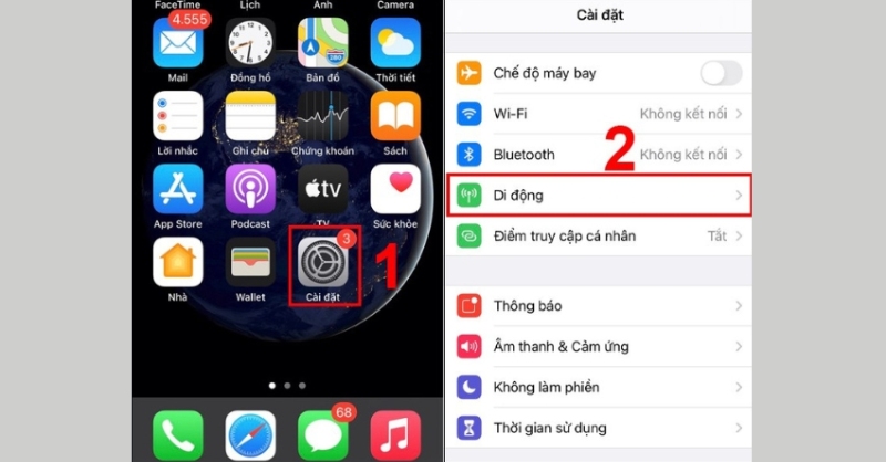 Trên iPhone, truy cập Cài đặt, sau đó chọn Di động